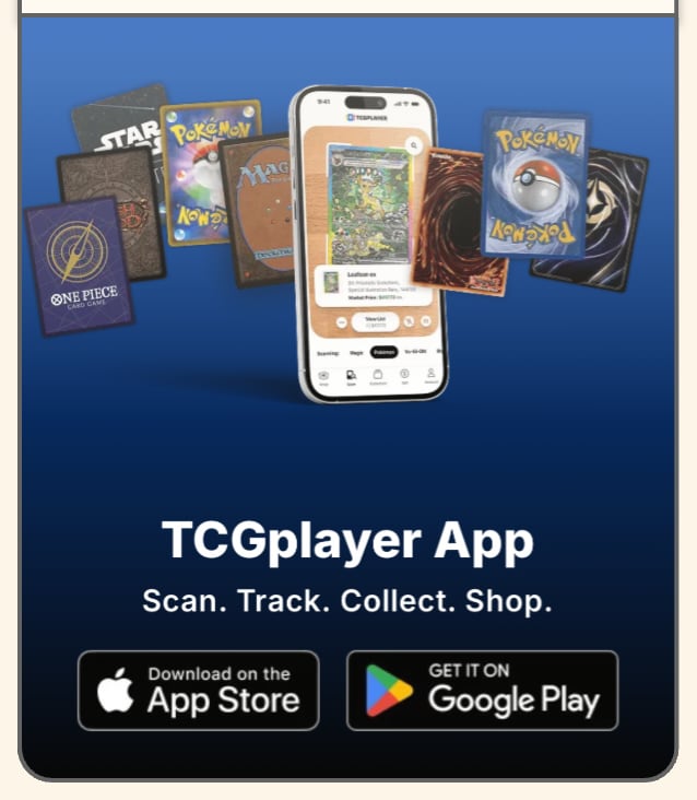 TCGplayer app page with App Store and Google Play download buttons