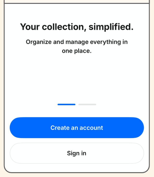TCGplayer app welcome screen with Create an account and Sign in buttons