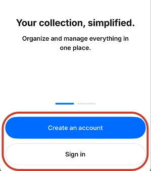 TCGplayer app welcome screen with Create an account and Sign in buttons