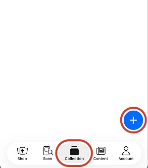 TCGplayer app Collection tab with the blue plus button circled