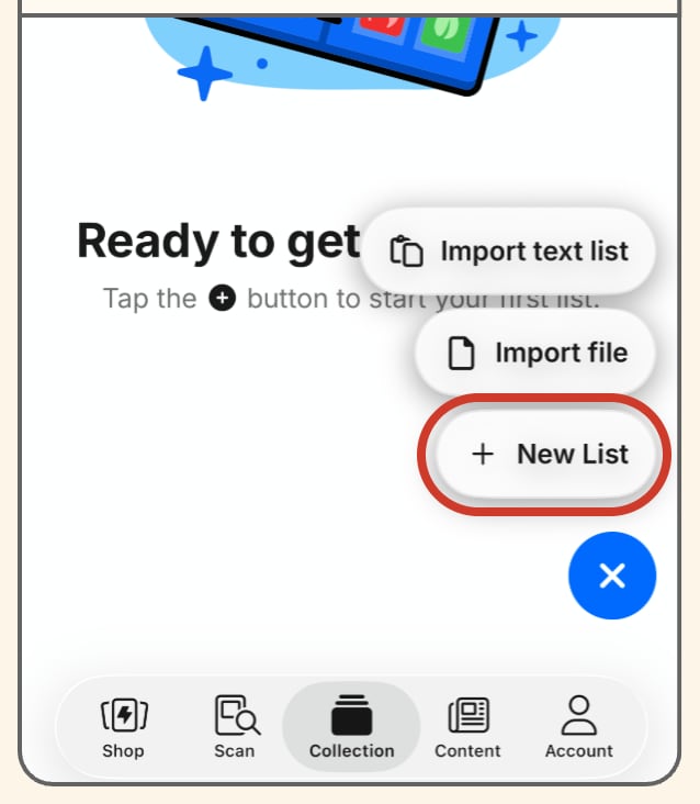 TCGplayer app new list menu with New List circled