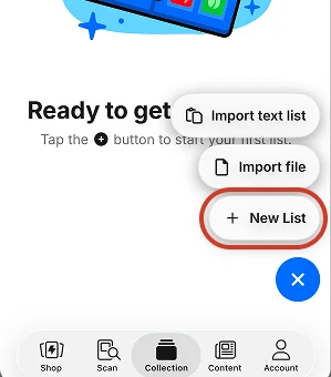 TCGplayer app new list menu with New List circled