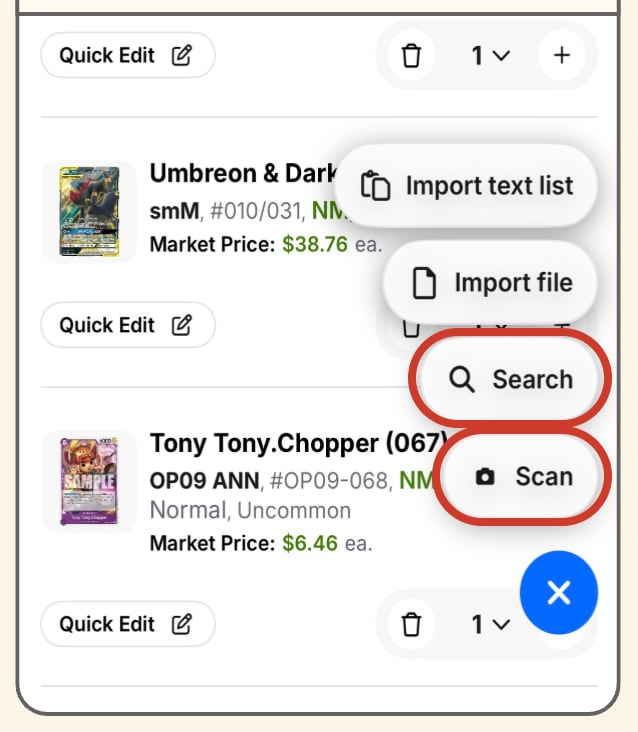 TCGplayer app add menu with Search and Scan circled