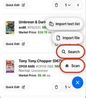 TCGplayer app add menu with Search and Scan circled