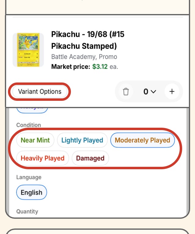 TCGplayer app card view with Variant Options and the condition choices circled