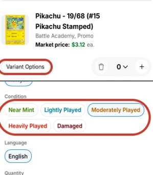 TCGplayer app card view with Variant Options and the condition choices circled