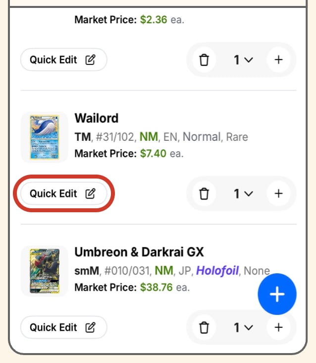 TCGplayer app collection list with the Quick Edit button circled