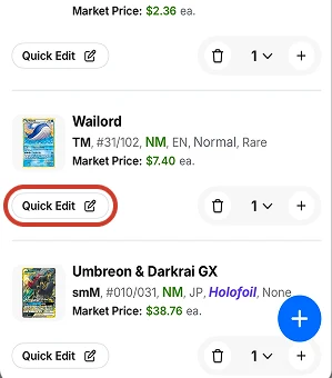 TCGplayer app collection list with the Quick Edit button circled