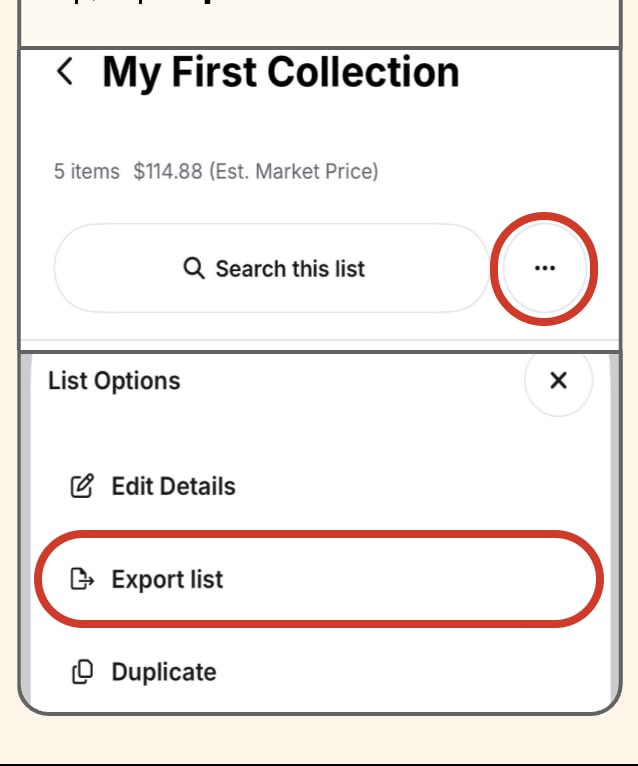 TCGplayer app List Options sheet with the menu button and Export list circled
