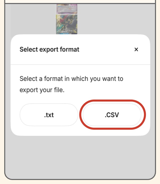 TCGplayer app export format dialog with the CSV option circled