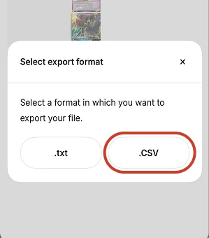 TCGplayer app export format dialog with the CSV option circled